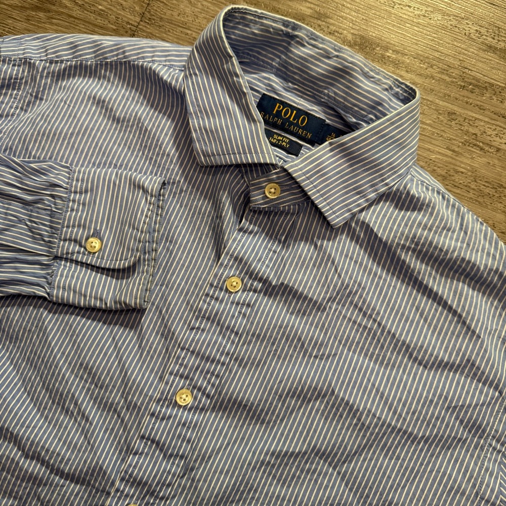 Polo Ralph Lauren Shirt Mens 16 40-41 Blue Stripe Cotton Slim Fit Business Dress